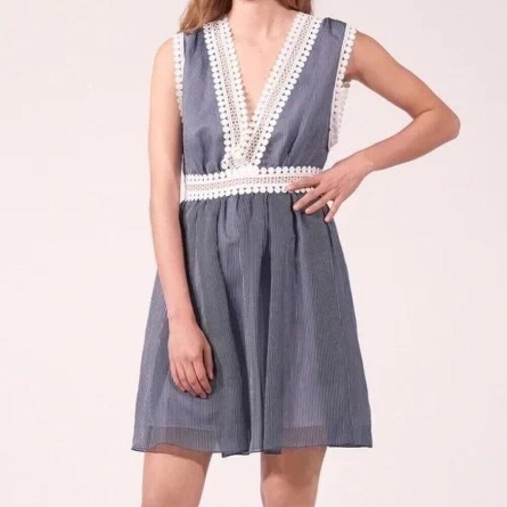 Sandro Paris Navy Pinstripe White Lace Trim V-Neck Mini Dress Size S